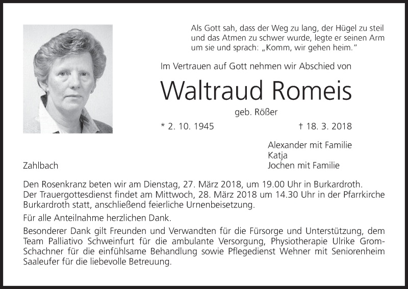  Traueranzeige für Waltraud Romeis vom 24.03.2018 aus MGO