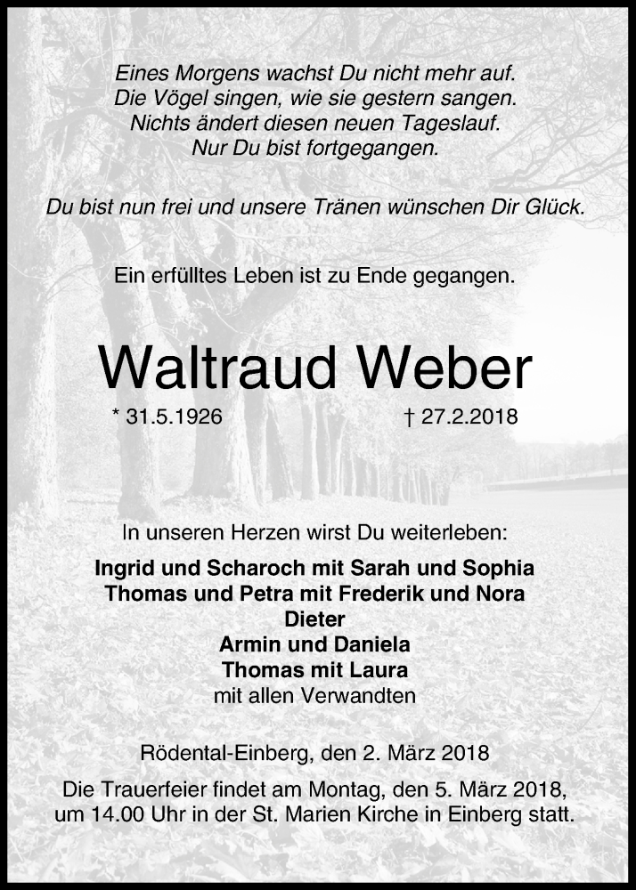  Traueranzeige für Waltraud Weber vom 02.03.2018 aus MGO