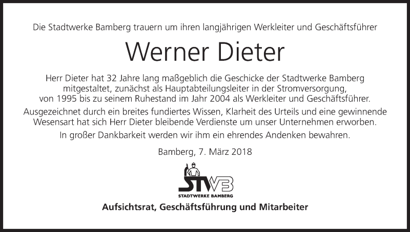  Traueranzeige für Werner Dieter vom 07.03.2018 aus MGO