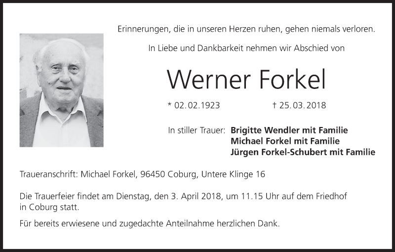  Traueranzeige für Werner Forkel vom 29.03.2018 aus MGO