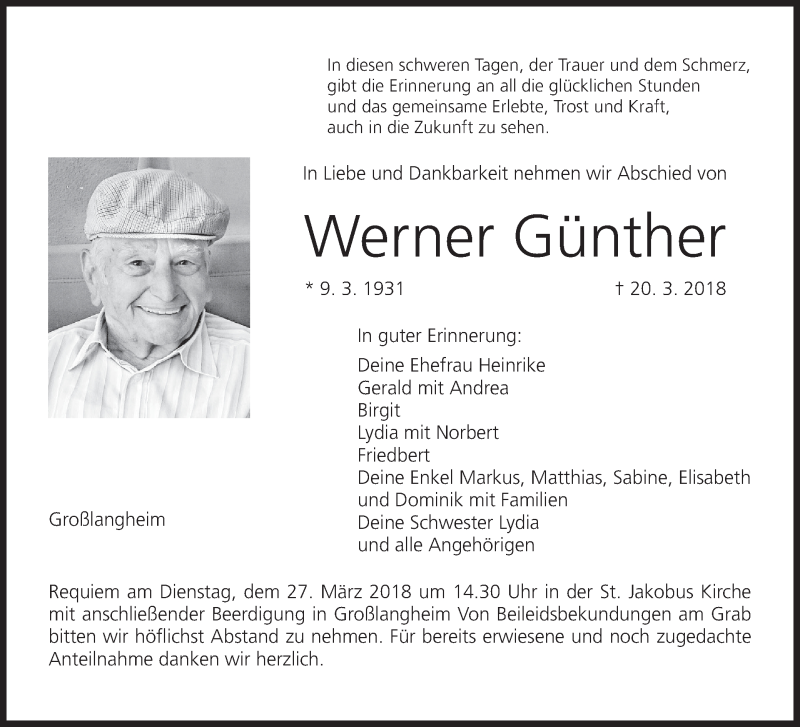  Traueranzeige für Werner Günther vom 24.03.2018 aus MGO