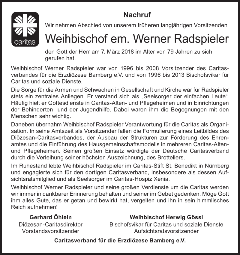  Traueranzeige für Werner Radspieler vom 10.03.2018 aus MGO