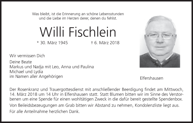  Traueranzeige für Willi Fischlein vom 10.03.2018 aus MGO