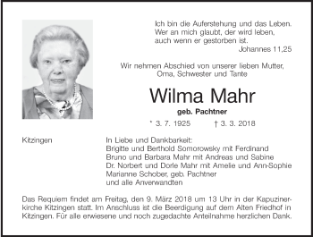 Anzeige von Wilma Mahr von MGO