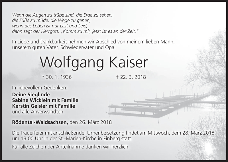  Traueranzeige für Wolfgang Kaiser vom 26.03.2018 aus MGO