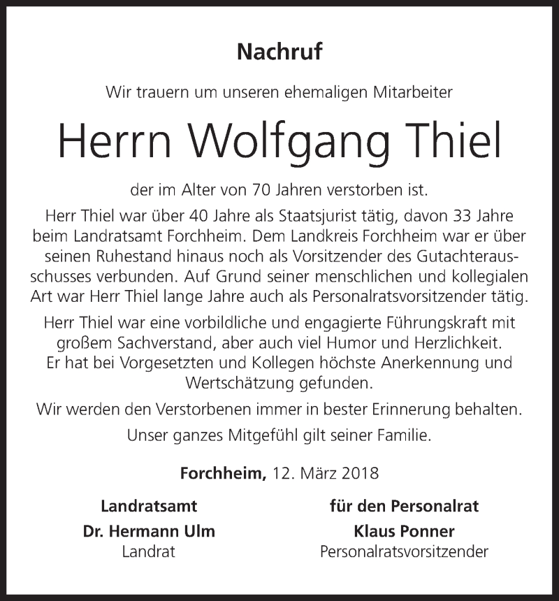  Traueranzeige für Wolfgang Thiel vom 13.03.2018 aus MGO
