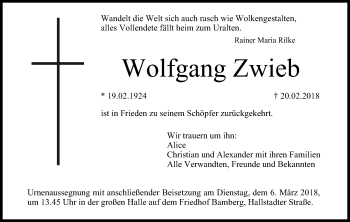 Anzeige von Wolfgang Zwieb von MGO