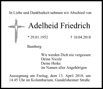Anzeige von Adelheid Friedrich von MGO