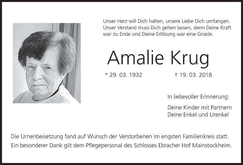  Traueranzeige für Amalie Krug vom 10.04.2018 aus MGO