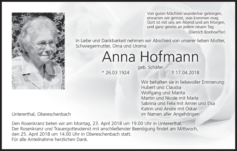  Traueranzeige für Anna Hofmann vom 21.04.2018 aus MGO