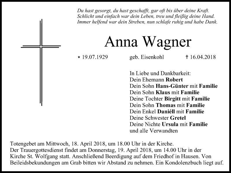  Traueranzeige für Anna Wagner vom 17.04.2018 aus MGO