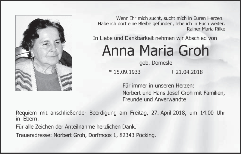  Traueranzeige für Anna Maria Groh vom 25.04.2018 aus MGO
