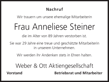 Anzeige von Anneliese Steiner von MGO