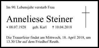 Anzeige von Anneliese Steiner von MGO
