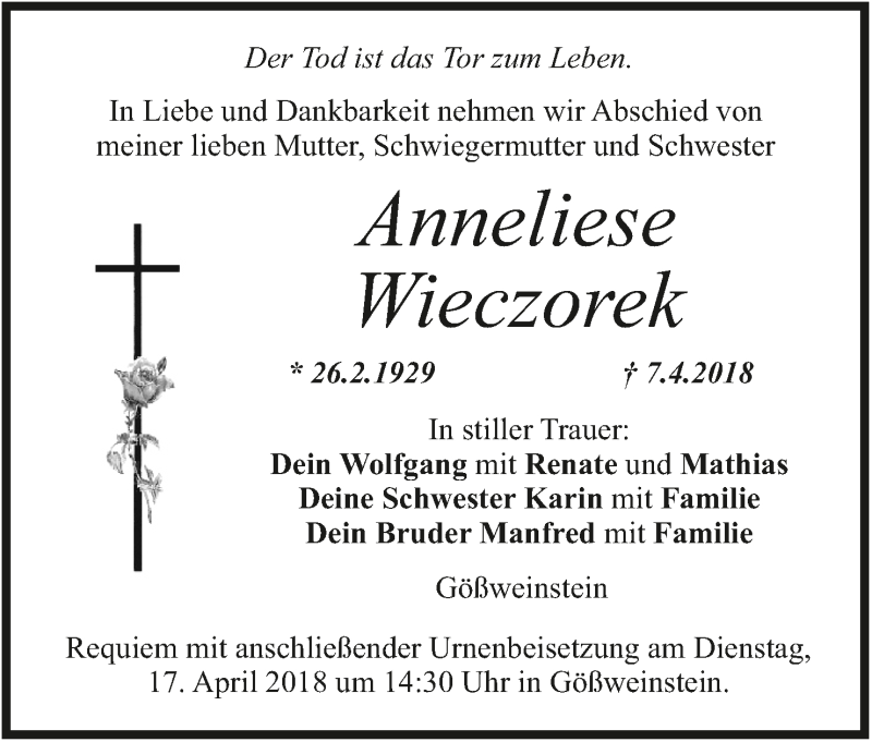  Traueranzeige für Anneliese Wieczorek vom 13.04.2018 aus MGO