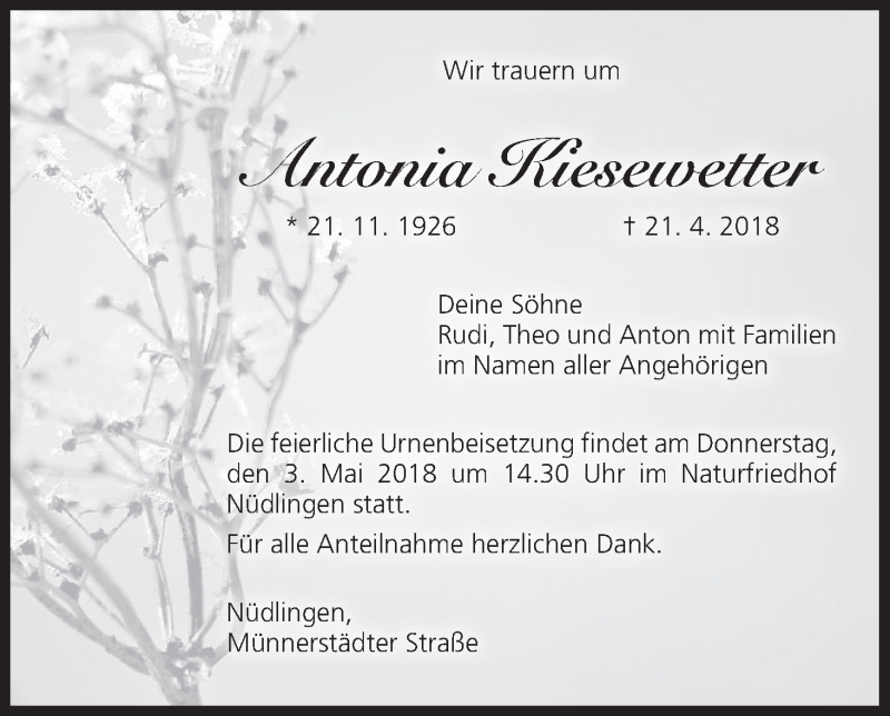  Traueranzeige für Antonia Kiesewetter vom 28.04.2018 aus MGO