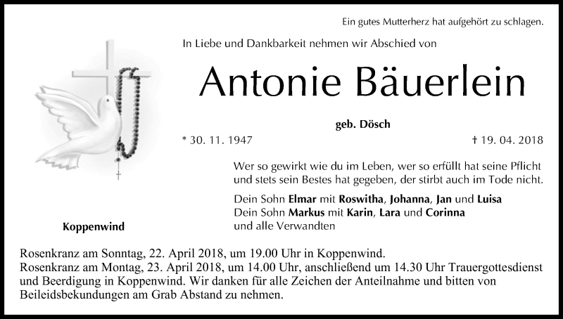  Traueranzeige für Antonie Bäuerlein vom 21.04.2018 aus MGO