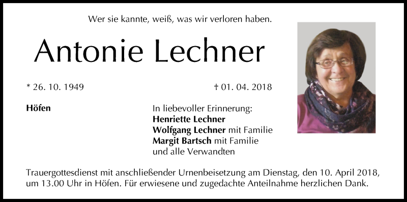  Traueranzeige für Antonie Lechner vom 07.04.2018 aus MGO