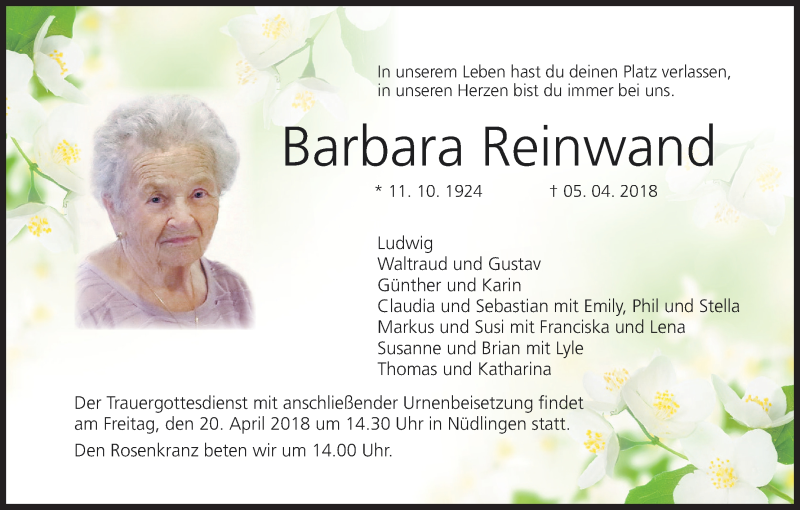  Traueranzeige für Barbara Reinwand vom 16.04.2018 aus MGO