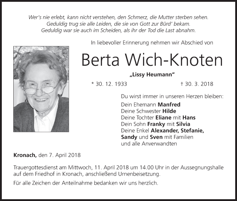  Traueranzeige für Berta Wich-Knoten vom 07.04.2018 aus MGO