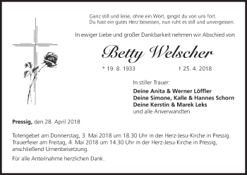 Anzeige von Betty Welscher von MGO