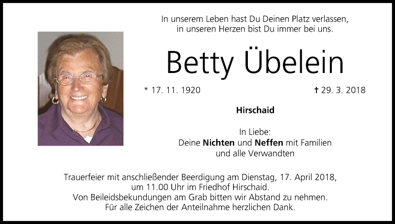  Traueranzeige für Betty Übelein vom 14.04.2018 aus MGO