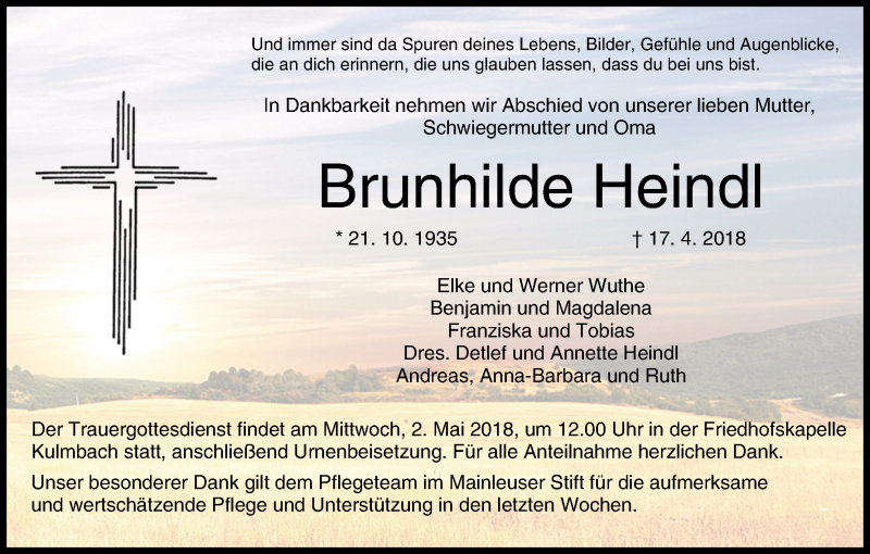  Traueranzeige für Brunhilde Heindl vom 28.04.2018 aus MGO