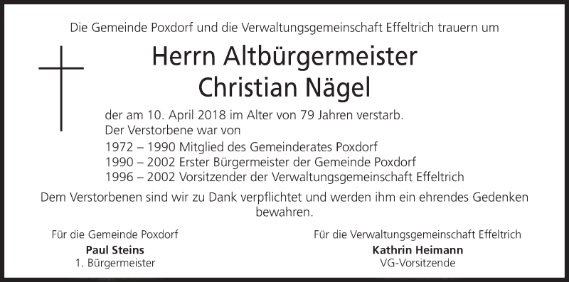  Traueranzeige für Christian Nägel vom 13.04.2018 aus MGO