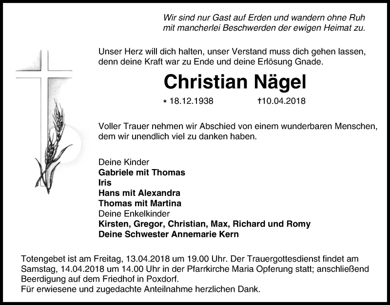  Traueranzeige für Christian Nägel vom 12.04.2018 aus MGO