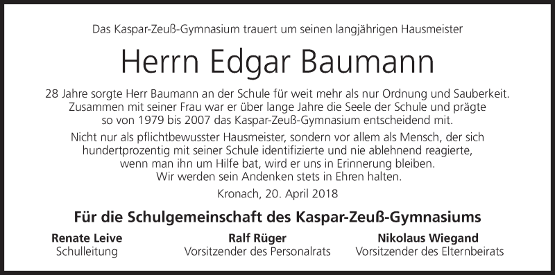  Traueranzeige für Edgar Baumann vom 23.04.2018 aus MGO