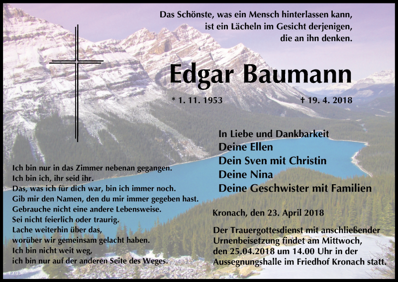  Traueranzeige für Edgar Baumann vom 23.04.2018 aus MGO