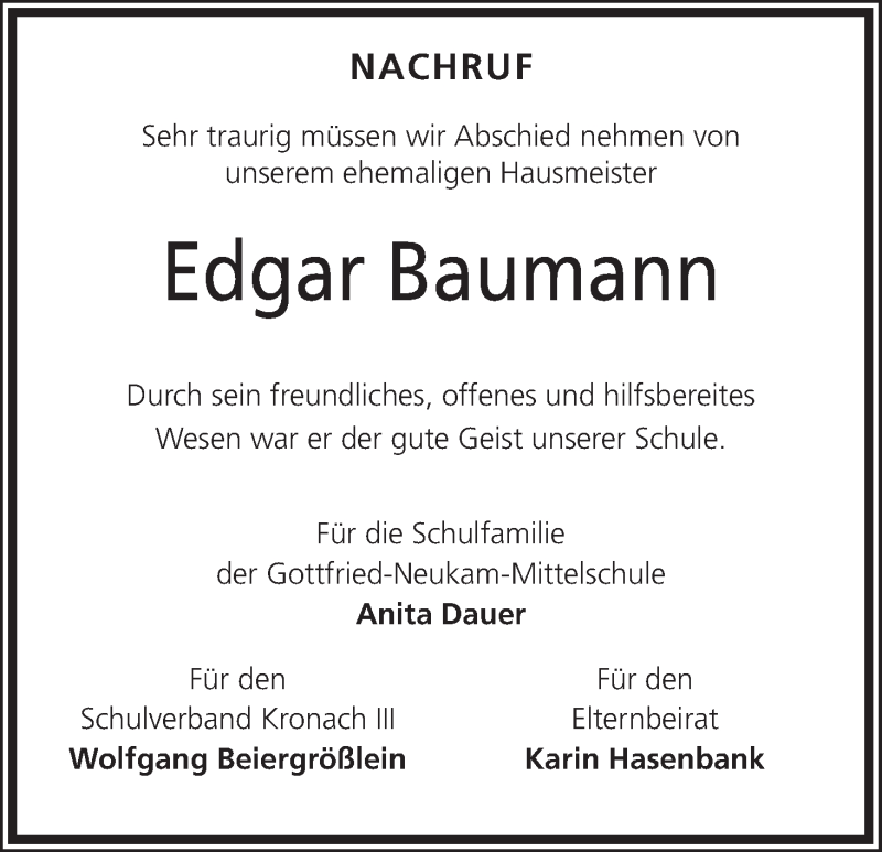  Traueranzeige für Edgar Baumann vom 24.04.2018 aus MGO