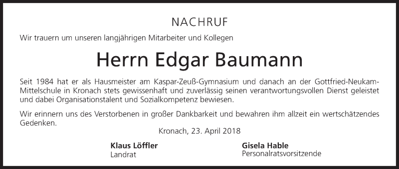  Traueranzeige für Edgar Baumann vom 24.04.2018 aus MGO