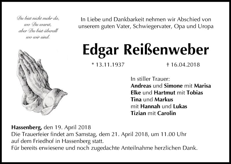  Traueranzeige für Edgar Reißenweber vom 19.04.2018 aus MGO