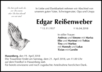 Anzeige von Edgar Reißenweber von MGO