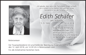 Anzeige von Edith Schäfer von MGO