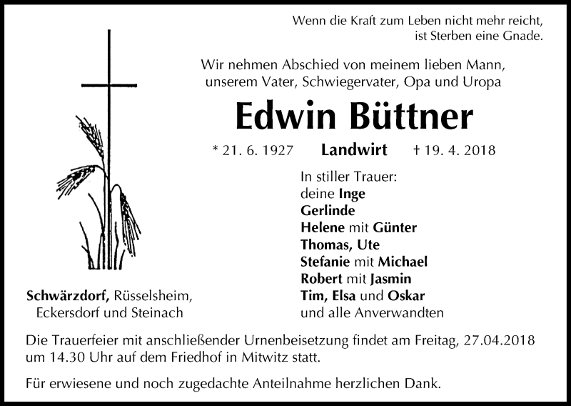  Traueranzeige für Edwin Büttner vom 25.04.2018 aus MGO