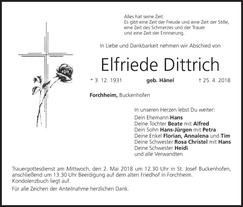  Traueranzeige für Elfriede Dittrich vom 28.04.2018 aus MGO