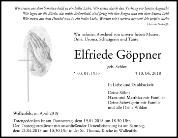 Anzeige von Elfriede Göppner von MGO