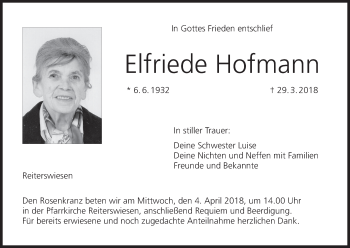 Anzeige von Elfriede Hofmann von MGO