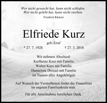 Anzeige von Elfriede Kurz von MGO