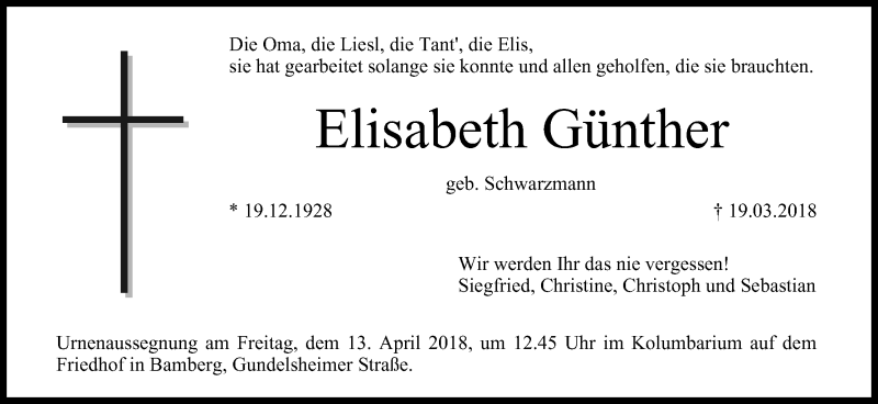  Traueranzeige für Elisabeth Günther vom 11.04.2018 aus MGO