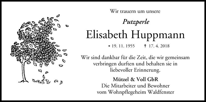  Traueranzeige für Elisabeth Huppmann vom 21.04.2018 aus MGO