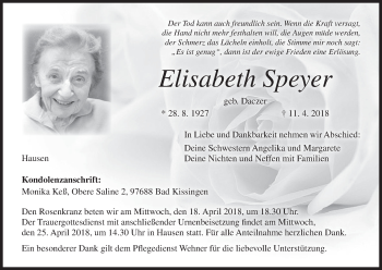 Anzeige von Elisabeth Speyer von MGO