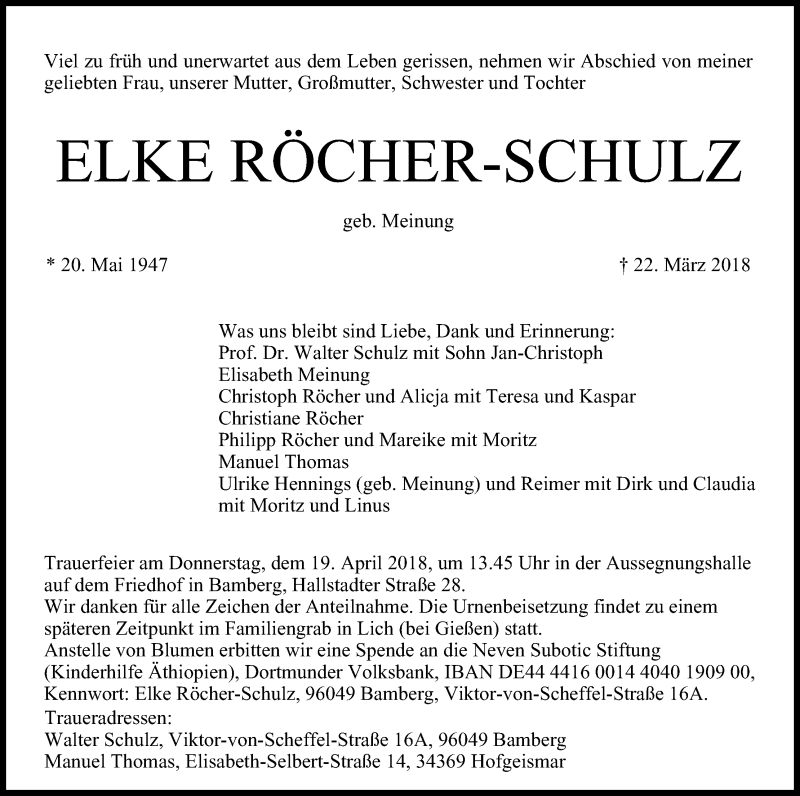  Traueranzeige für Elke Röcher-Schulz vom 14.04.2018 aus MGO