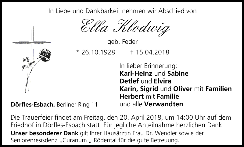  Traueranzeige für Ella Klodwig vom 18.04.2018 aus MGO