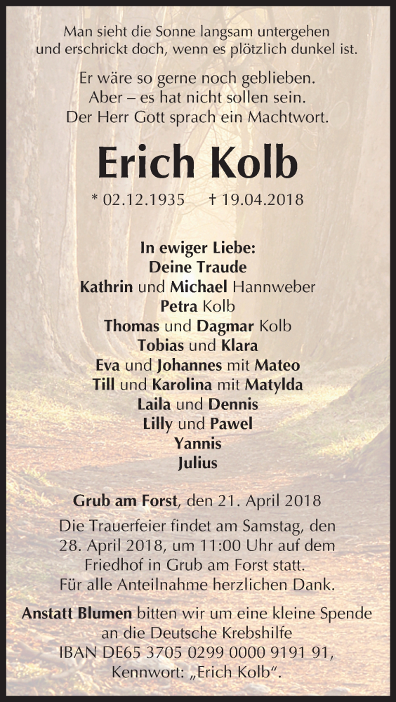  Traueranzeige für Erich Kolb vom 21.04.2018 aus MGO