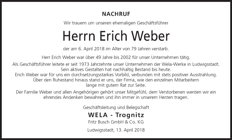 Traueranzeige für Erich Weber vom 13.04.2018 aus MGO
