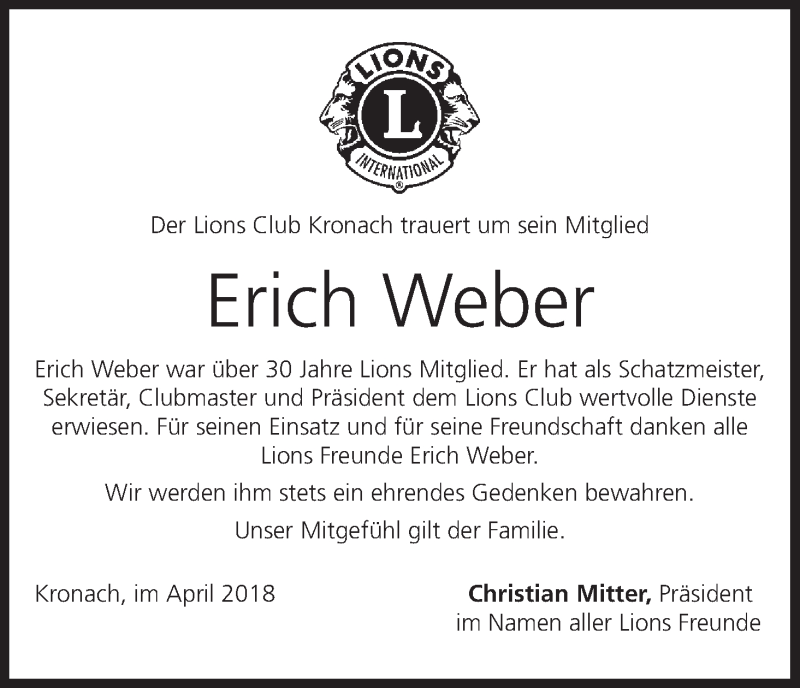  Traueranzeige für Erich Weber vom 18.04.2018 aus MGO