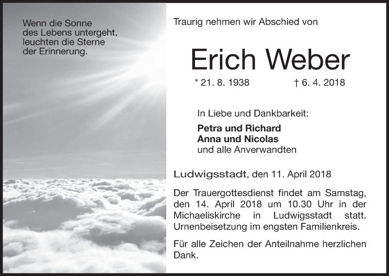  Traueranzeige für Erich Weber vom 11.04.2018 aus MGO